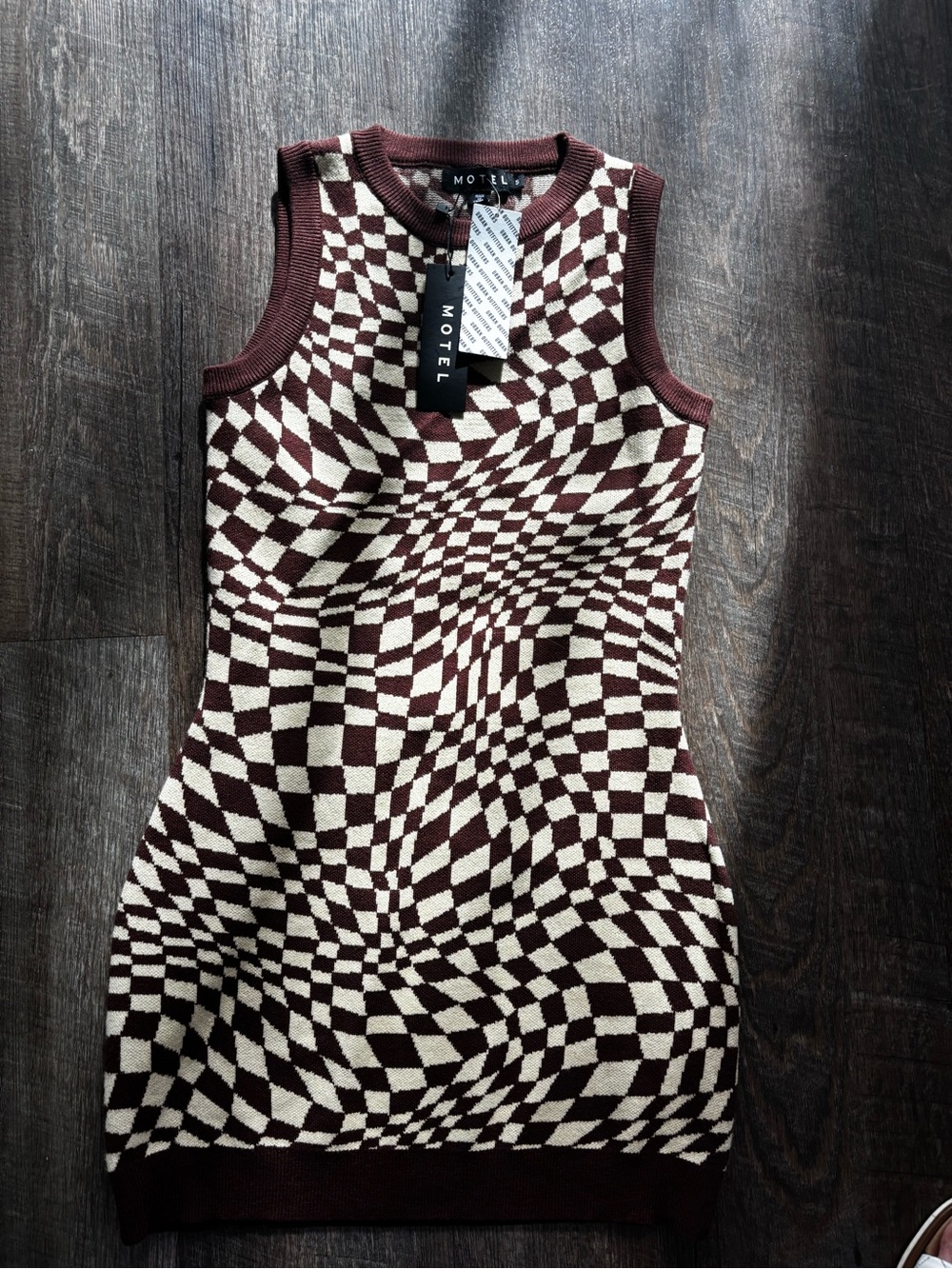 Motel Rocks Brown and Cream Checkerboard Mini Dress